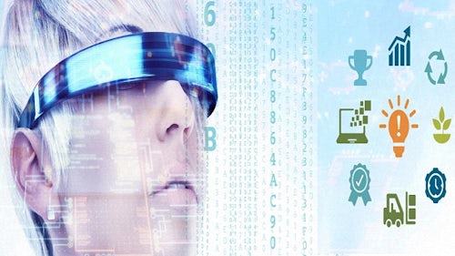 Futuristic lady with Vision Goggles - Why Smart Manufacturing Infographic  Benefits of Electronics Closed-Loop Production